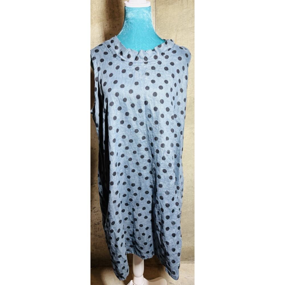Just Jill 100%Linen SZ Medium Blue/Grey Polka Dot Sleeveless Dress With Pockets